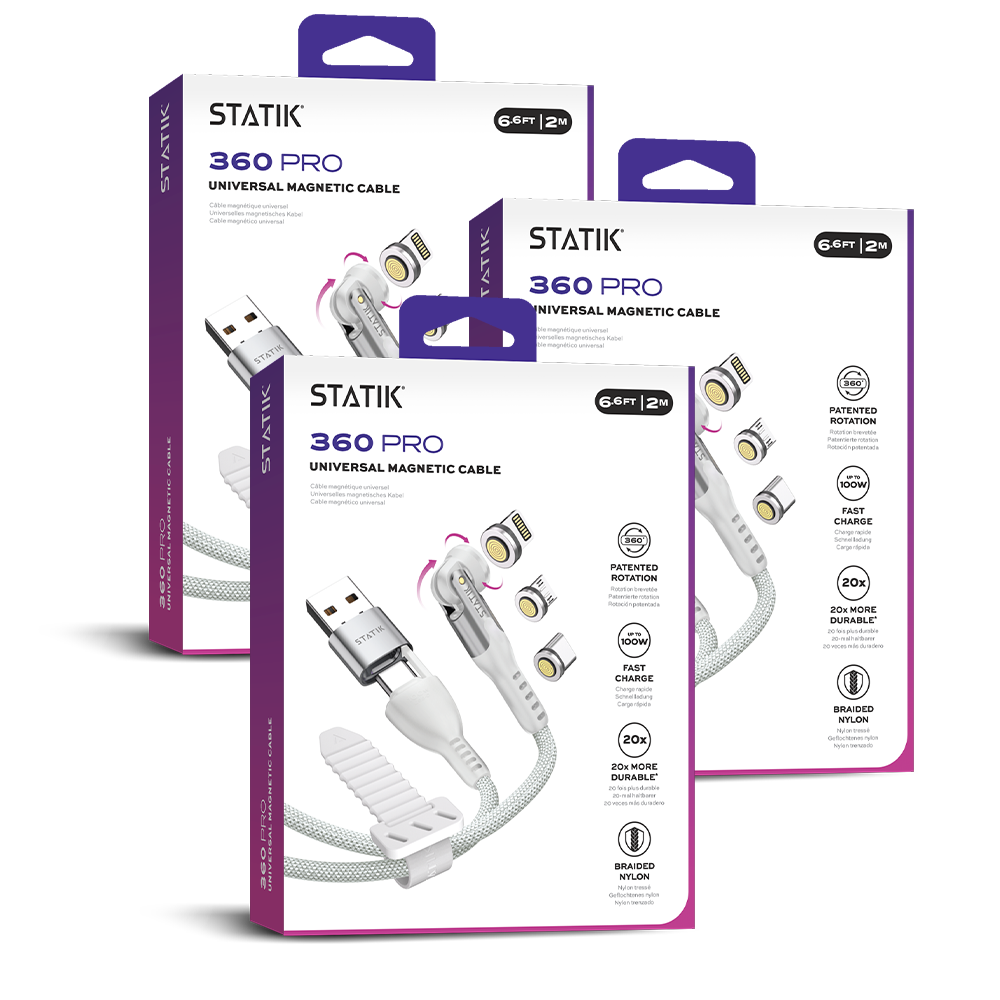 3 Pack Statik® 360 Pro White | 100W Universal Charge & Data Cable | 6ft | Multipack