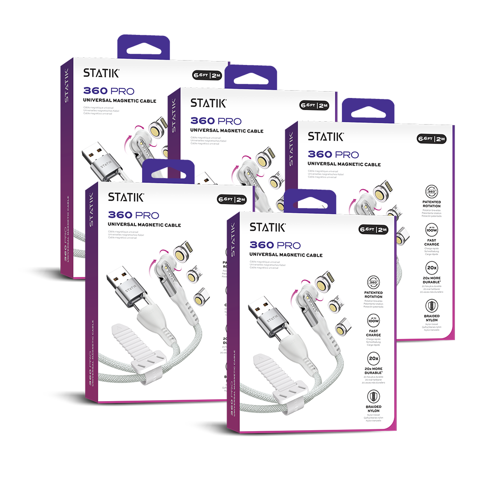5 Pack Statik® 360 Pro White | 100W Universal Charge & Data Cable | 6ft | Multipack